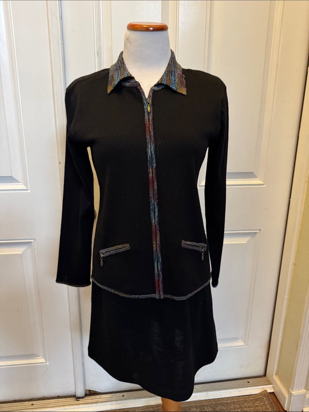 Carol little black zip front dress attached cardigan with multi color trim